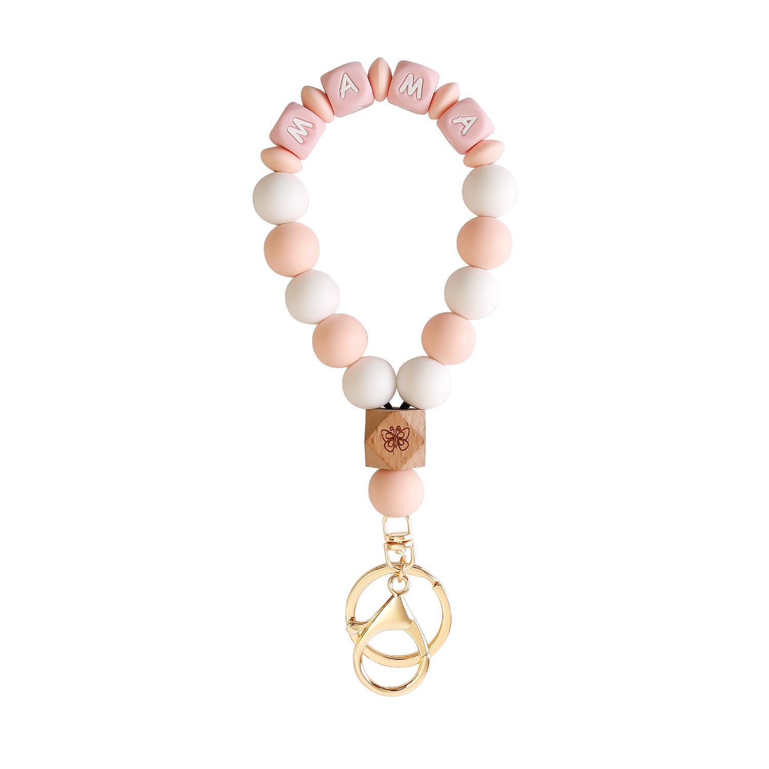 Wholesale MAMA Silicone Bracelet Keychain Butterfly Wooden Beads Beaded Mother's Day Keychain Wristlet Keychain ACC-KC-Jinz002