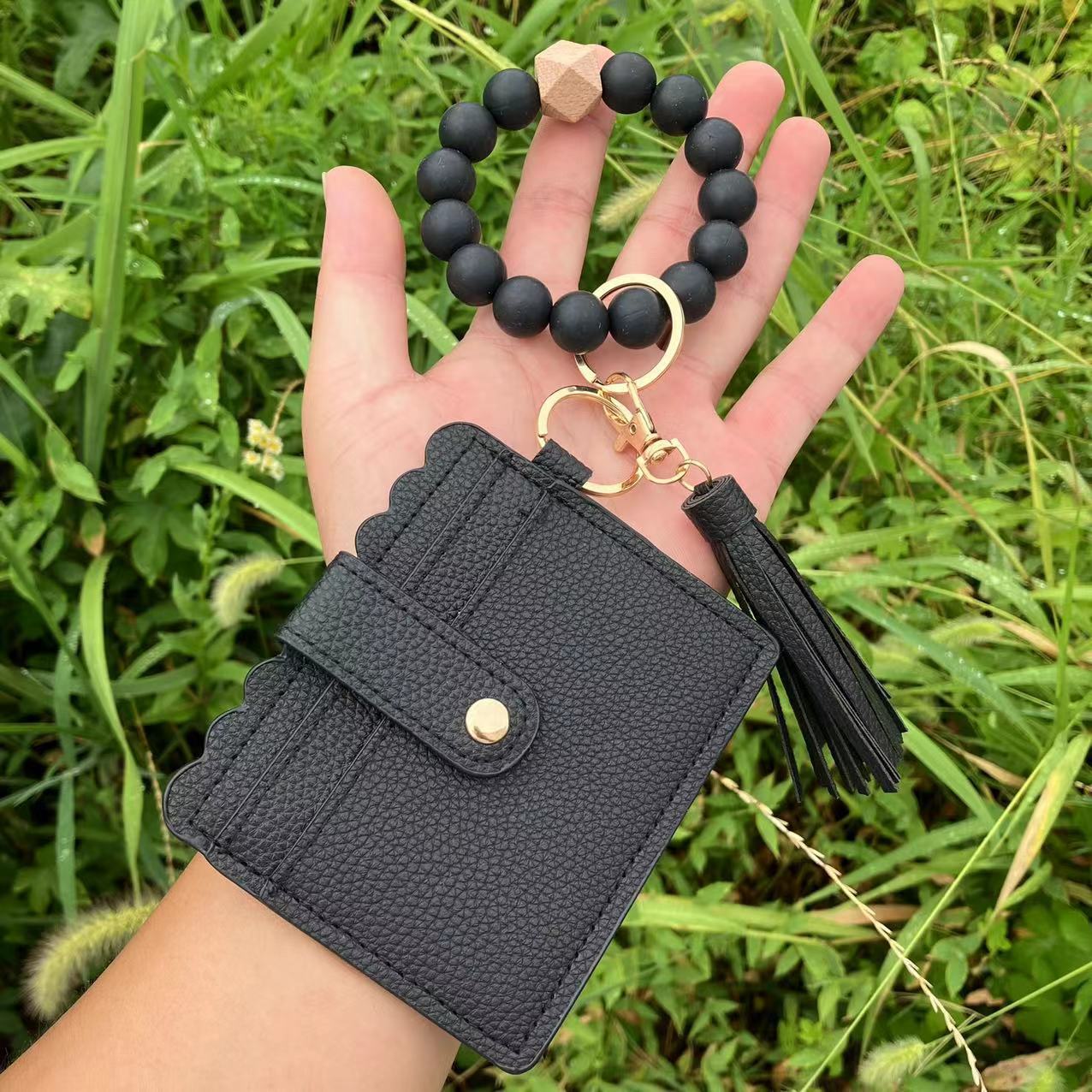 Wholesale Leopard Plaid Butterfly Card Holder Silicone Beaded Wristlet Keychain ACC-KC-QiuXue012