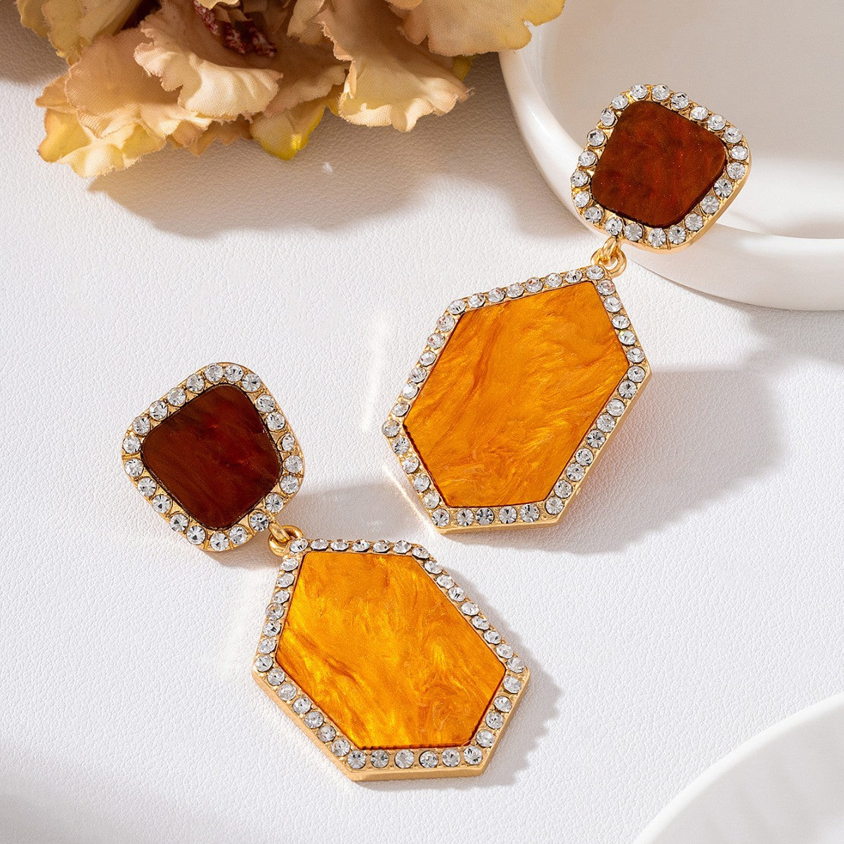 Wholesale Retro Double Layer Hexagon Resin Rhinestone Pendant Earrings Fashion Jewelry Accessory Party Gift Boutique Resale