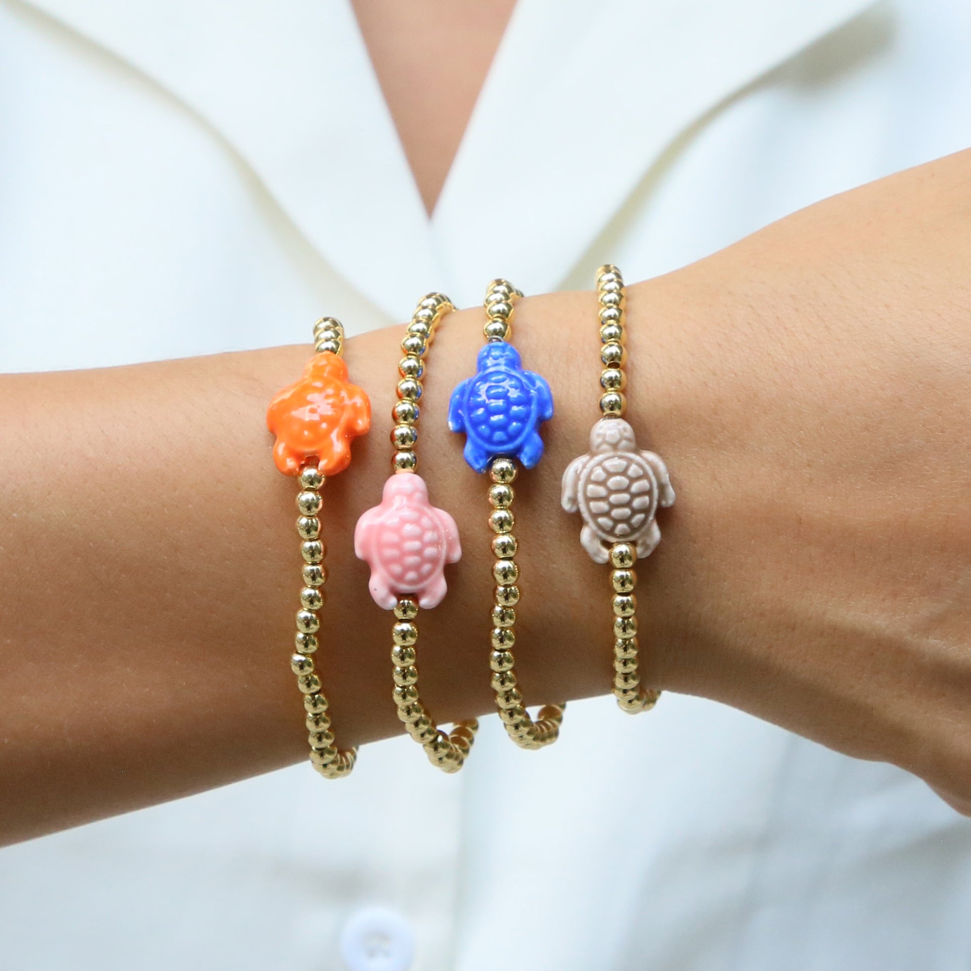 Wholesale Beach style ceramic glass colorful turtle elastic rope copper bead bracelet