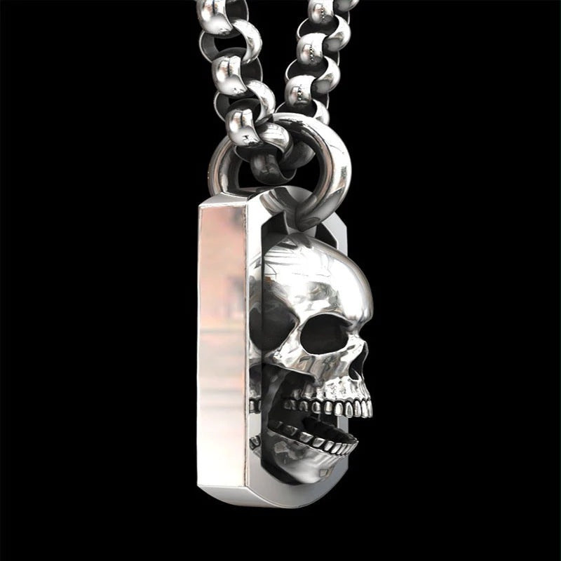 Wholesale Dark Hip-Hop Skull Square Silver-Plated Vintage Necklace