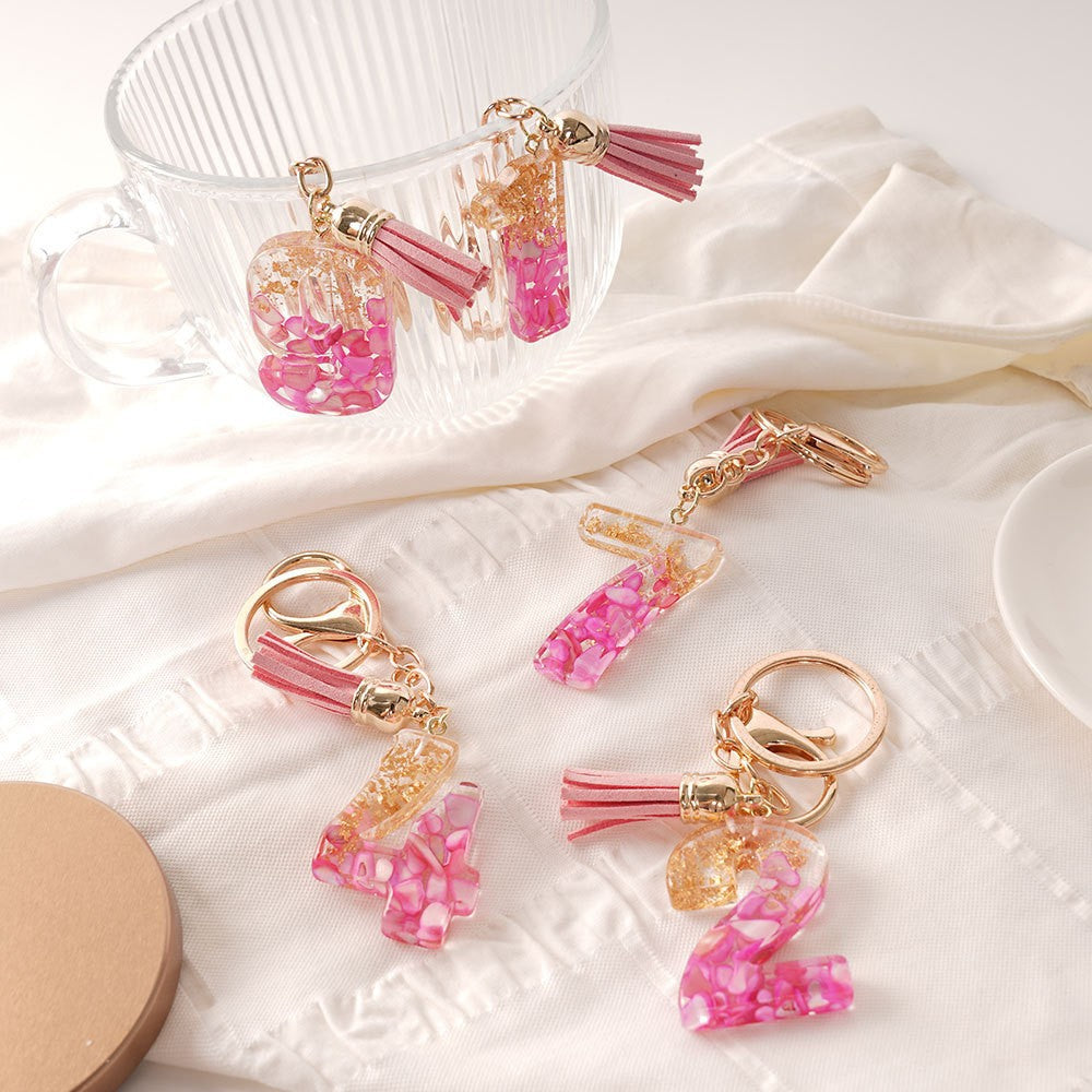 Wholesale  Resin Glue English Numbers Pink Tassel Rose Red Gold Foil Keychain