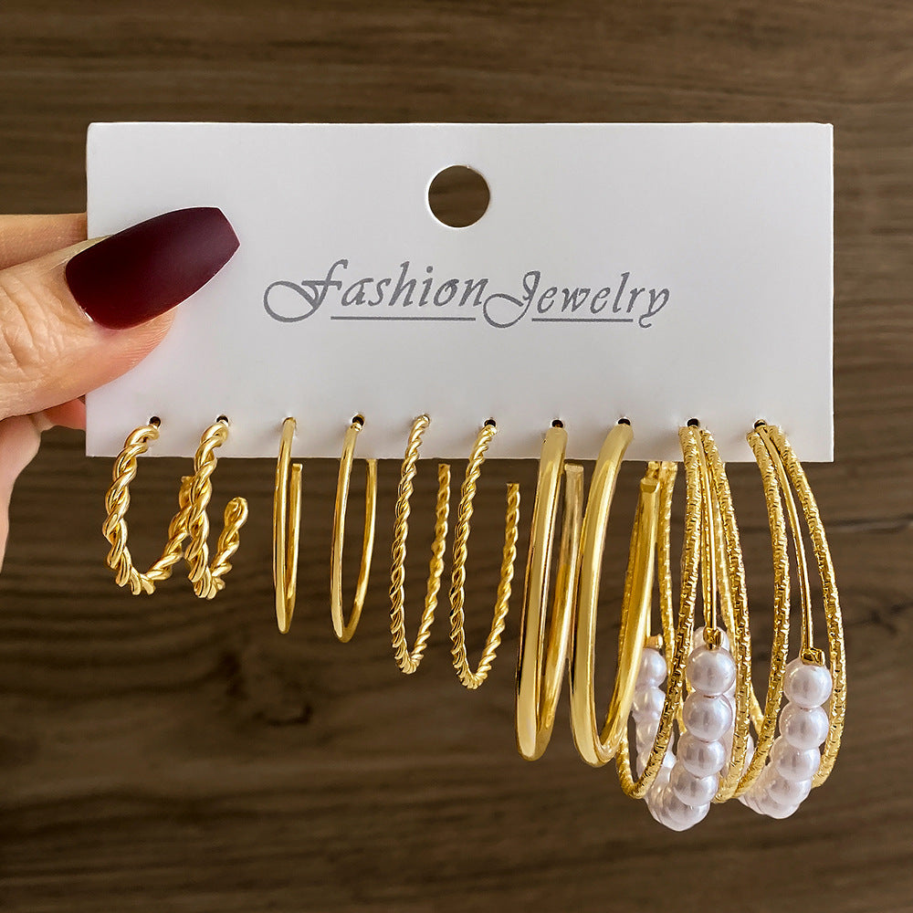 Wholesale  Geometric Multi-layer C- shaped Pearl Earrings Set