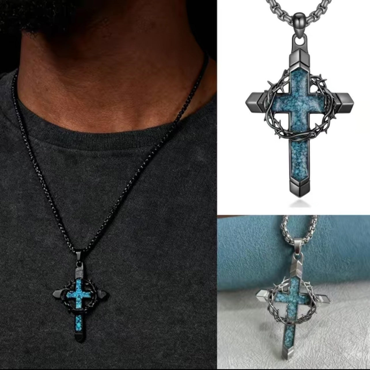 Wholesale Punk Gothic Cross Necklace,  Black Synthetic Turquoise,  Boutique Resale Jewelry