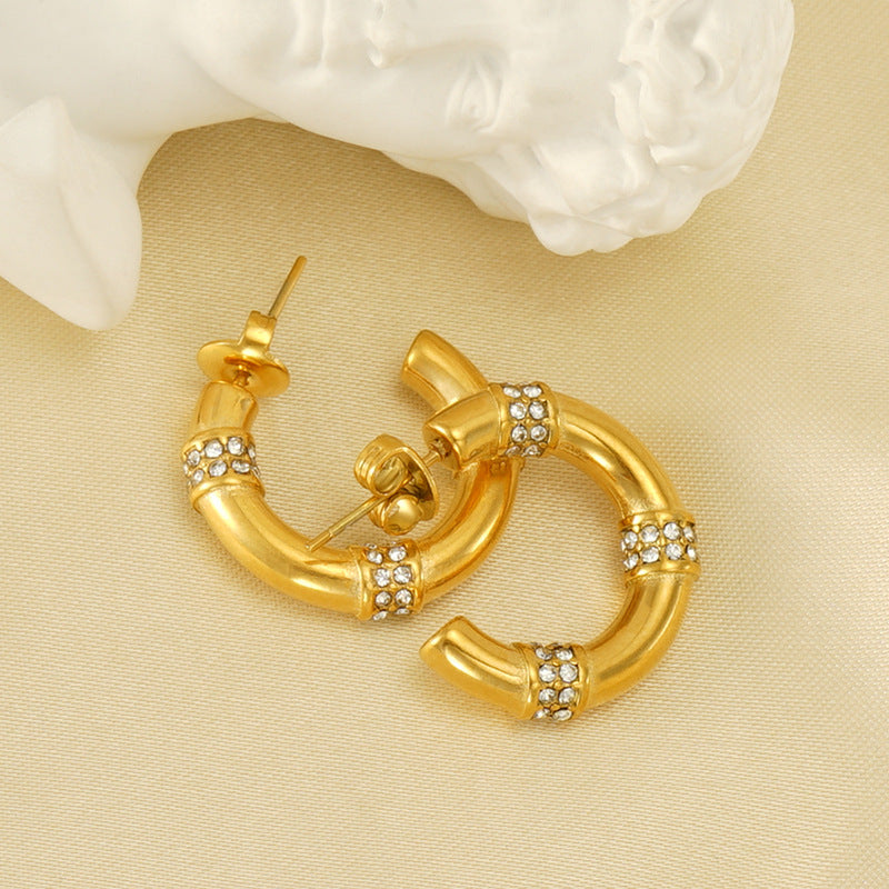 Wholesale  18K Titanium steel diamond bamboo earrings