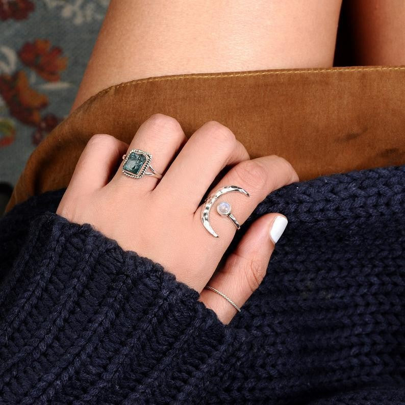 Wholesale Adjustable Moonstone Ring Thai Silver Finish Geometric Design Women S Fashion Jewelry