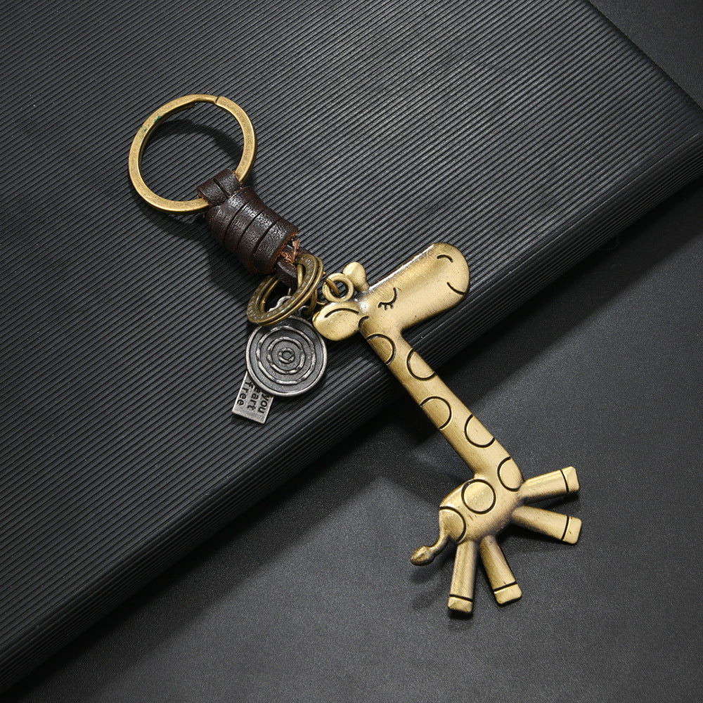 Wholesale  alloy cute giraffe vintage woven leather keychain