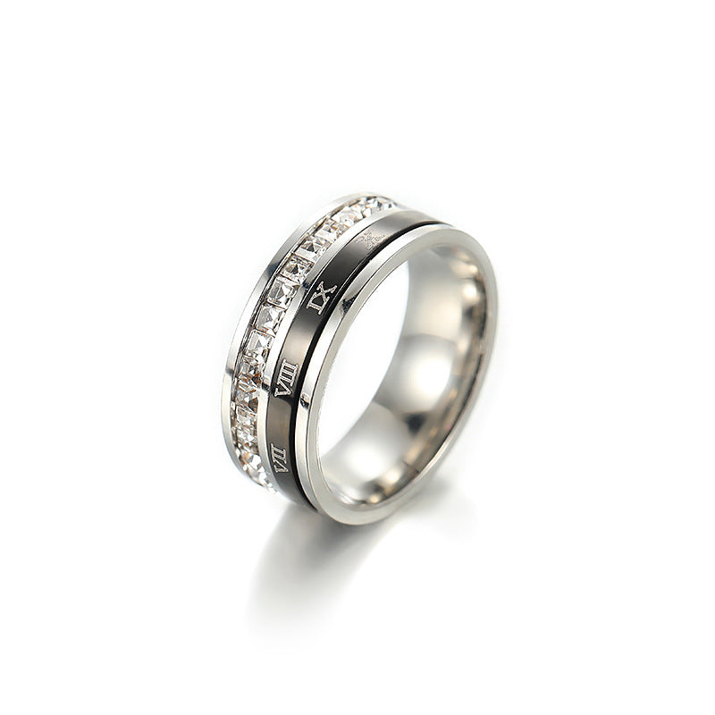 Wholesale Gypsophila Diamond Rotatable Roman Numeral Stainless Steel Ring ACC-RS-ZhongQi010