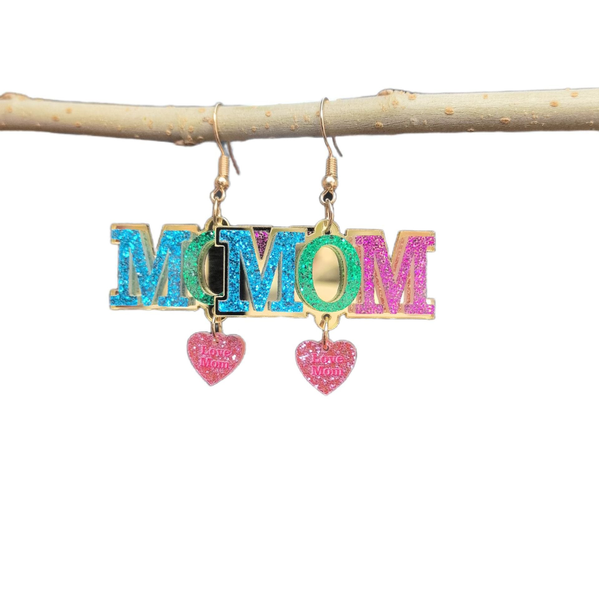 Wholesale New European and American style Mother' s Day patchwork acrylic MOM MAMA letter heart earrings - a perfect Mother' s Day gift.