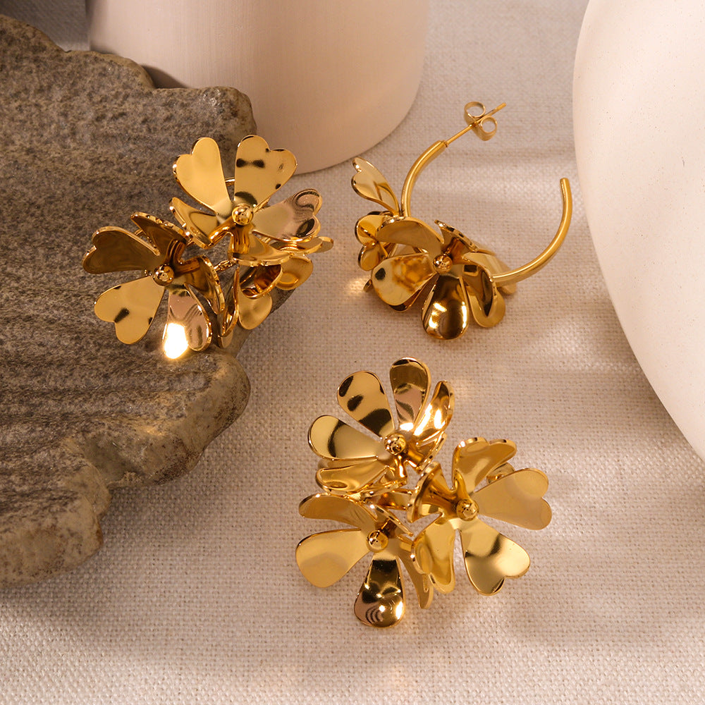 Wholesale stainless steel 18K real gold three-dimensional flower opening earrings ring