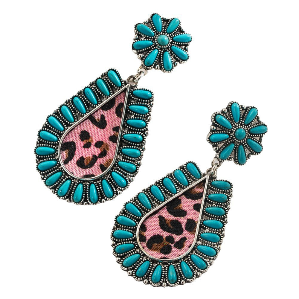 Wholesale Turquoise Leather Western Ethnic Earrings Vintage Court Style Boutique Resale