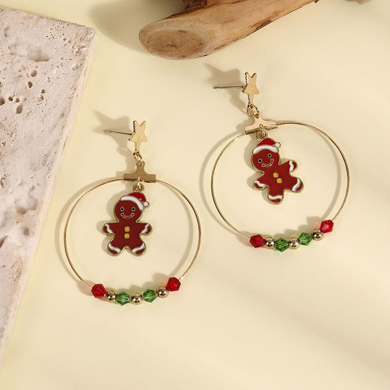 Wholesale Christmas Big Gold Hoop Red and Green Small Beads Star Earrings ACC-ES-Boman002