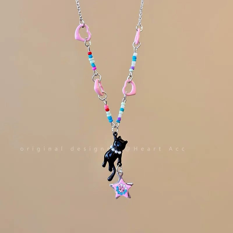 Wholesale Summer Y2K Black Cat  Pink Star Beaded Necklace