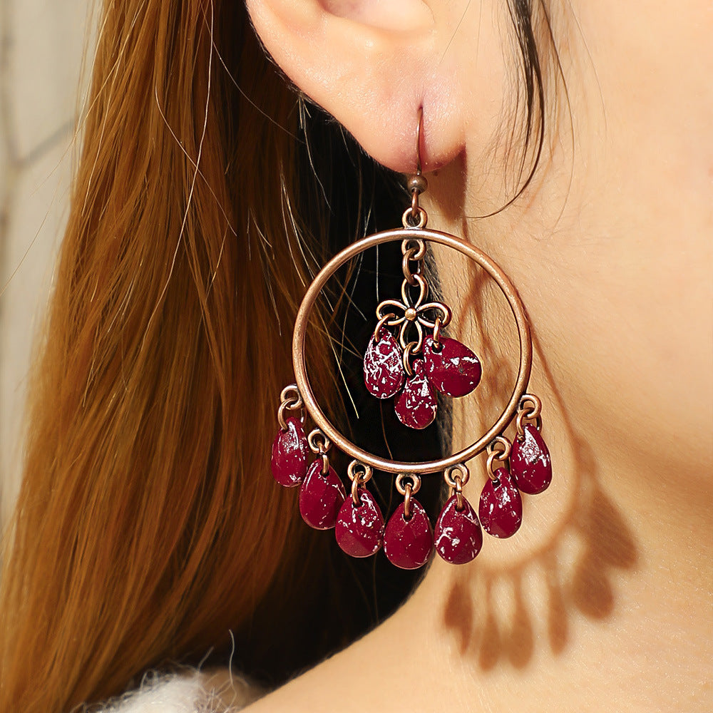 Wholesale Vintage Chinese Style Red Tassel Earrings Long Exaggerated Party Wear Jewelry Accessory