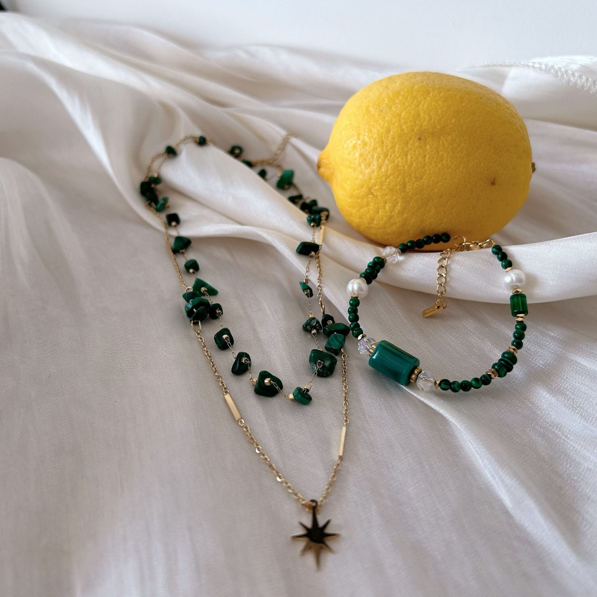 Wholesale Green Onyx  Necklace All-match Natural Retro Personalized  Titanium Steel Necklace