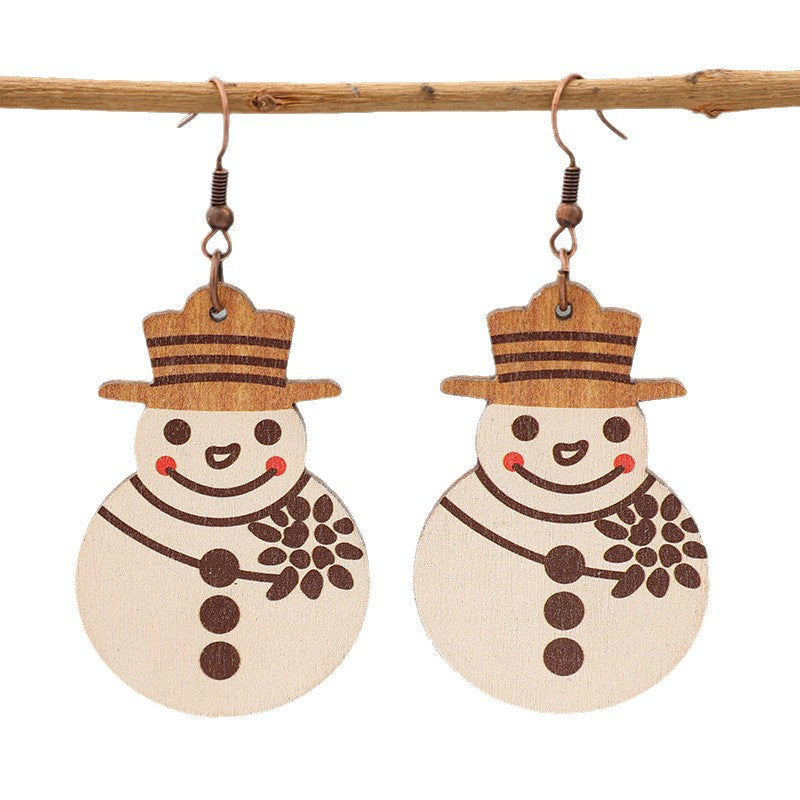 Wholesale Christmas Cartoon Snowman Wooden Earrings Smiling Snowman With Hat And f Holiday Party Jewelry Gift