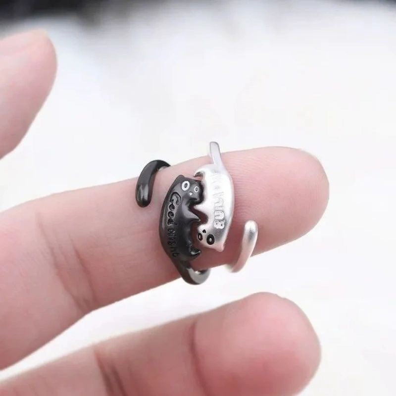 Wholesale Good morning and good night letters black and white cat ring