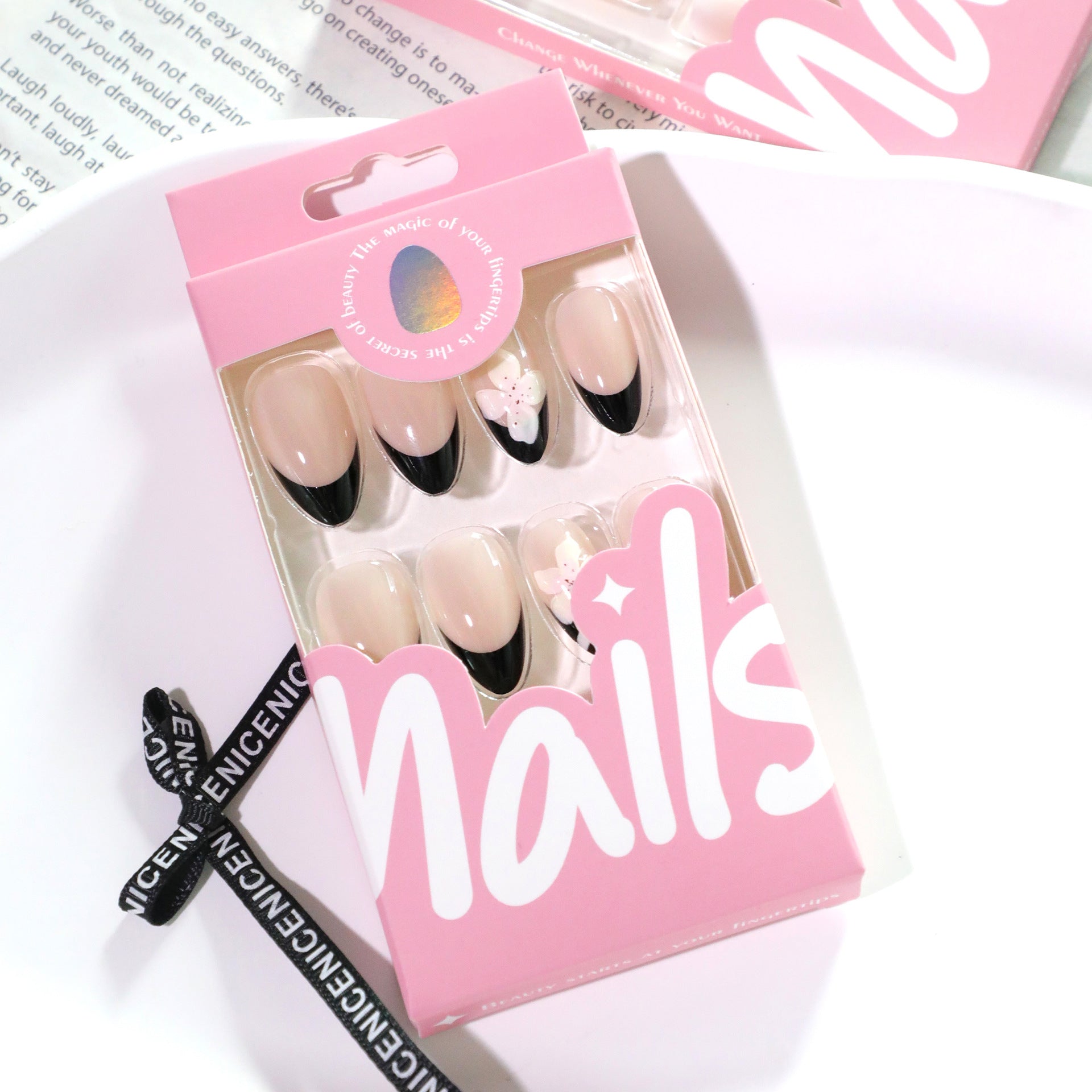 Wholesale 24 Pieces/box Black 3D Flowers Nails Kits Nail Stickers