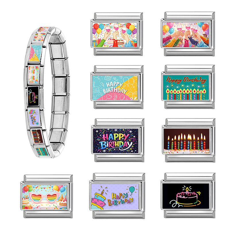 Wholesale Italian Style Birthday Theme Patchwork Stainless Steel Bracelet Fashion Accessory Gift
