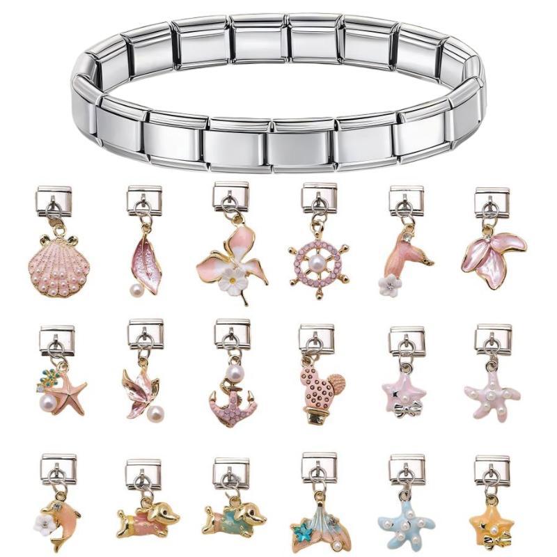 Wholesale Ocean Elements Stainless Steel Charm Pendants DIY Bracelet Accessories Pink Blue