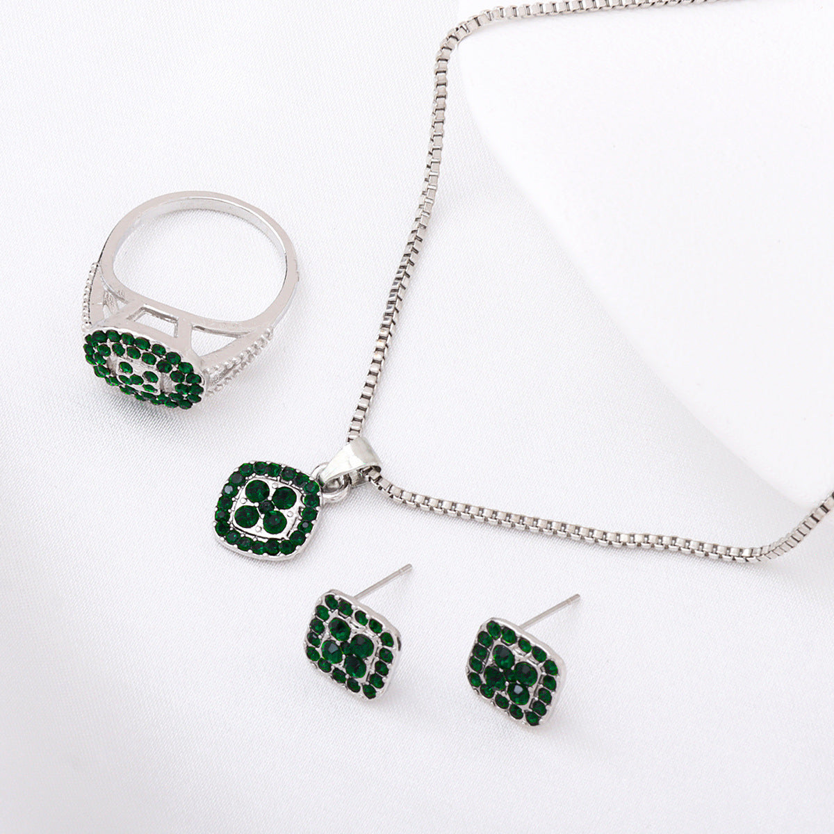 Wholesale  square zircon necklace ring  earrings  three-piece set  jewelry set