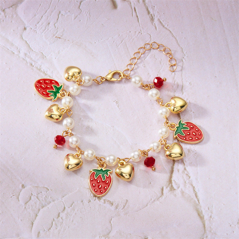 Wholesale  bracelet cute  summer cherry love strawberry pearl crystal bracelet