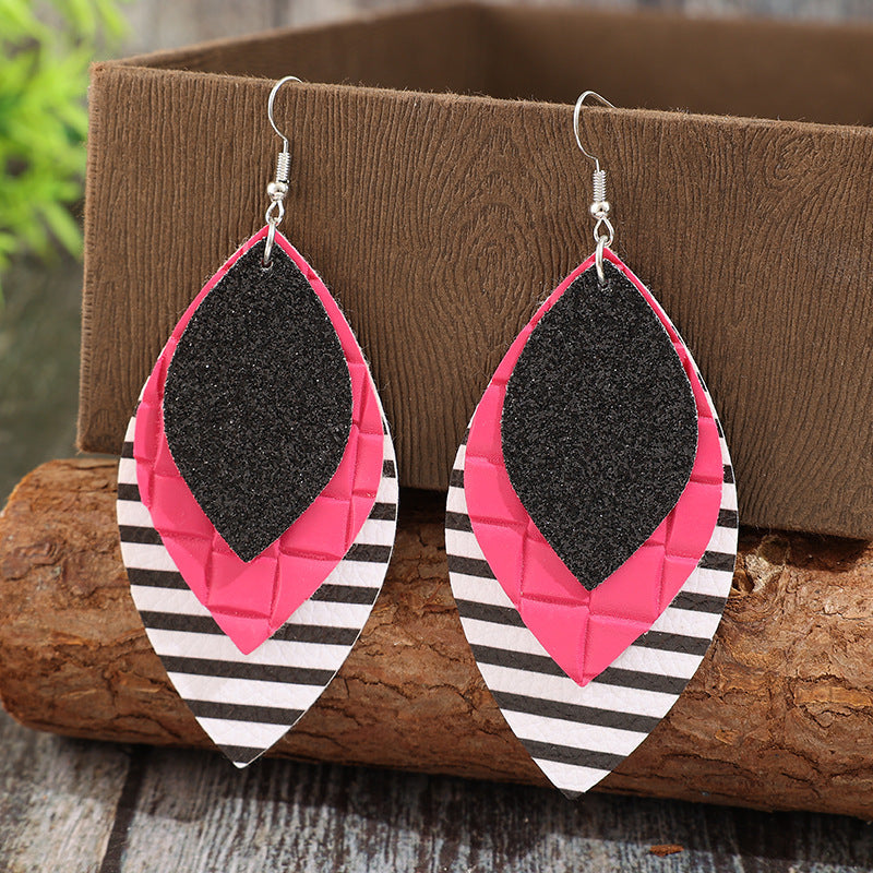 Wholesale Retro Leaf-Shaped Leather Earrings with Glitter and Stripes,  Everyday Wear Fashion Accessory