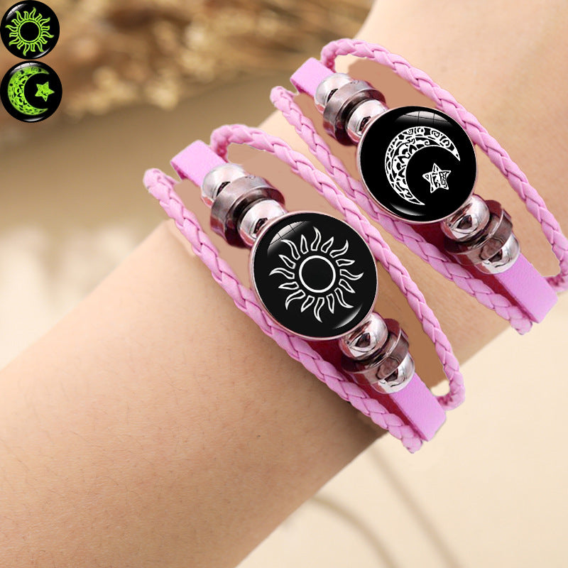 Wholesale Retro luminous sun and moon lovers handmade multi-layer braided leather bracelet