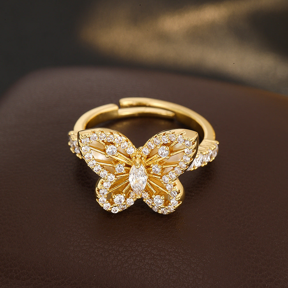 Wholesale Chic Butterfly Star Open Ring Gold Tone Adjustable Zircon Copper Alloy Jewelry Accessory Gift