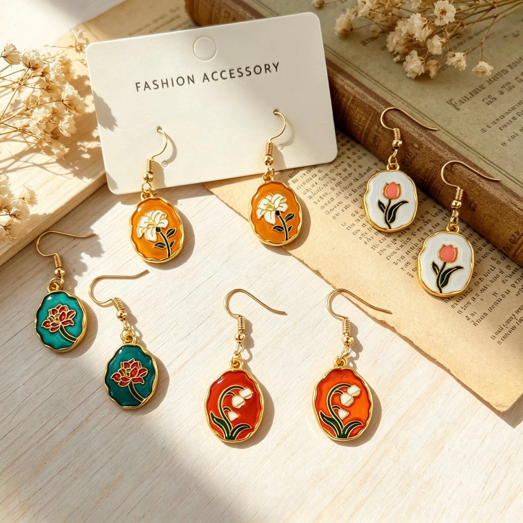 Wholesale Retro Oil Painting Style Floral Enamel Round Earrings
