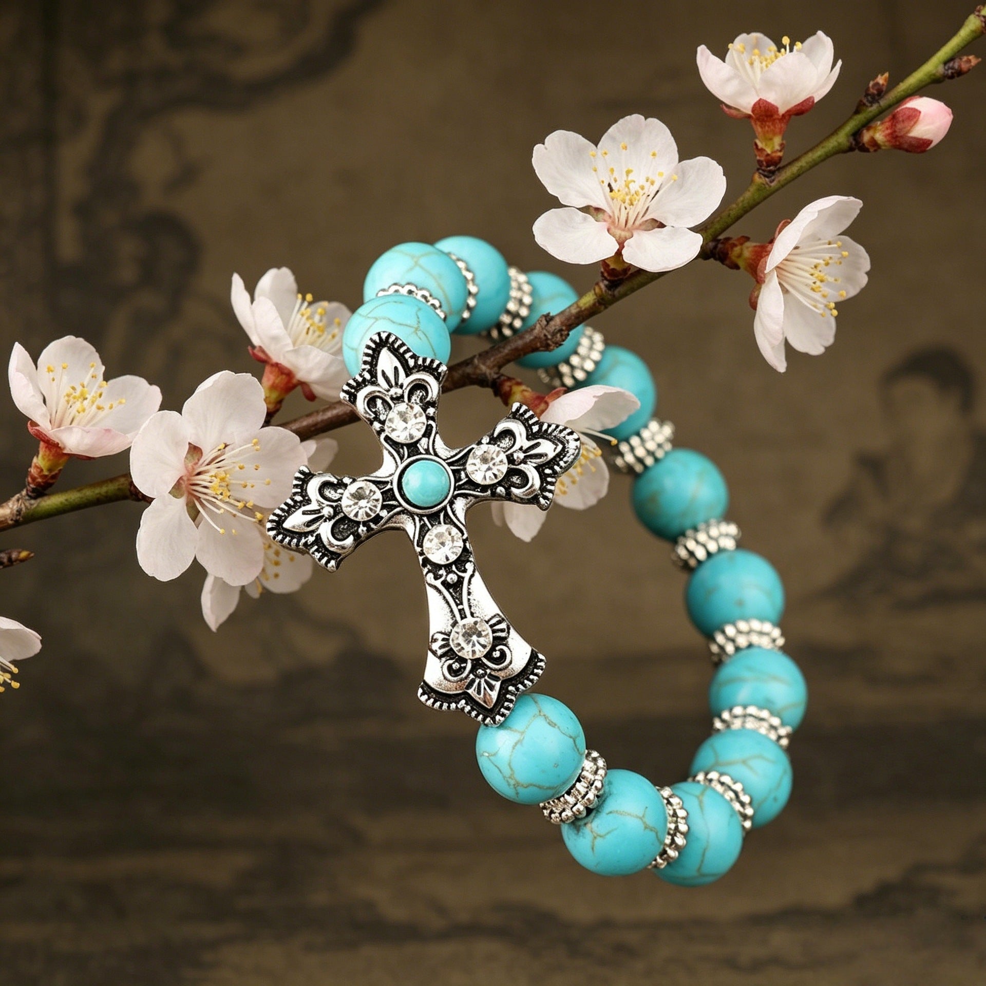 Wholesale Retro Carved Cross Blue Turquoise Bracelet Women Western Cowboy Style Alloy Jewelry Accessory