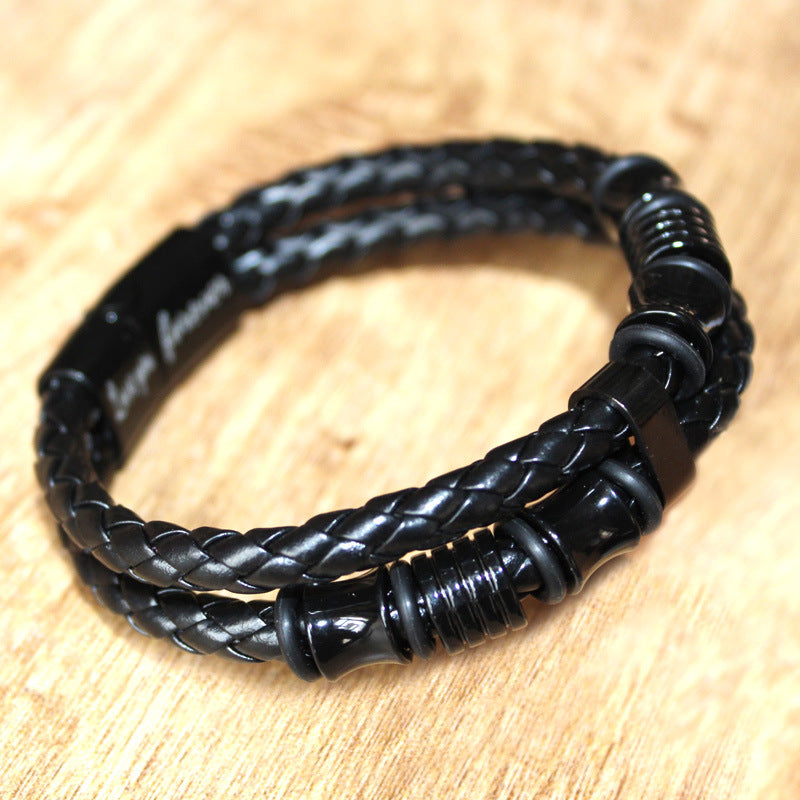 Wholesale Black Leather Cord Men's Double Layer Leather Braided Bracelets Stainless Steel Bracelets ACC-BT-Yima017