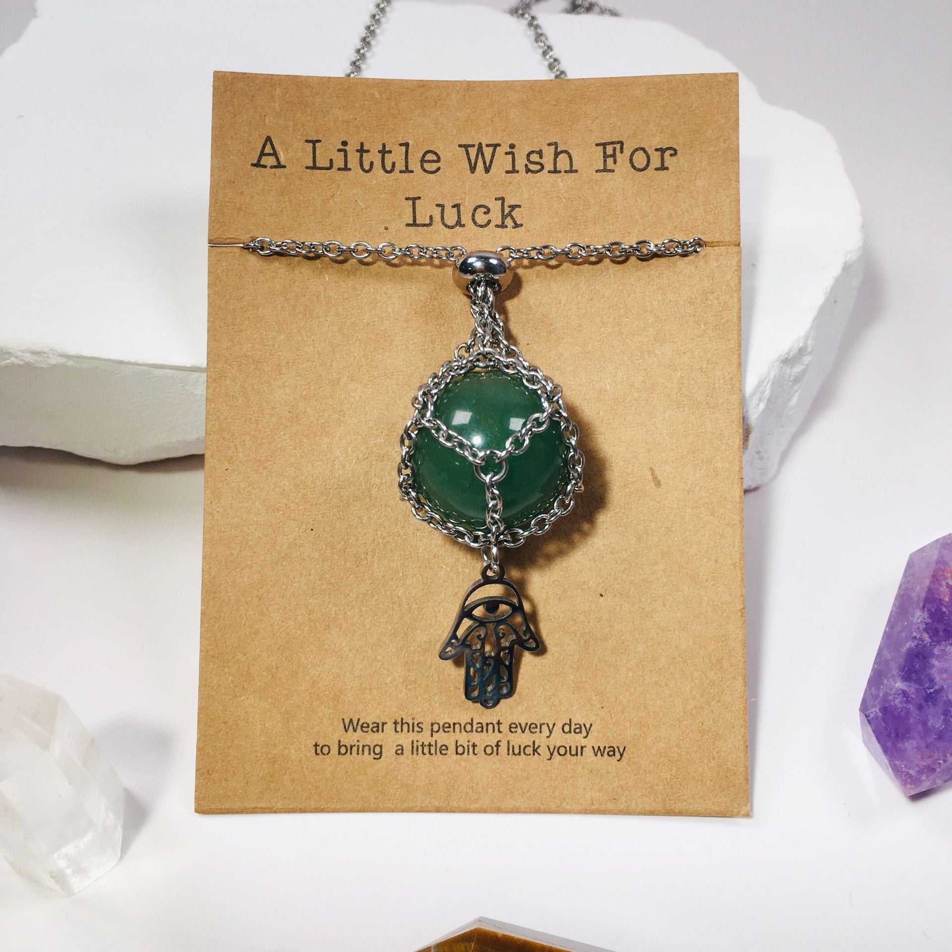 Wholesale Fatima Palm Replaceable Crystal Natural Stone Adjustable Metal Mesh Pocket Necklace ACC-NE-RongGuan004