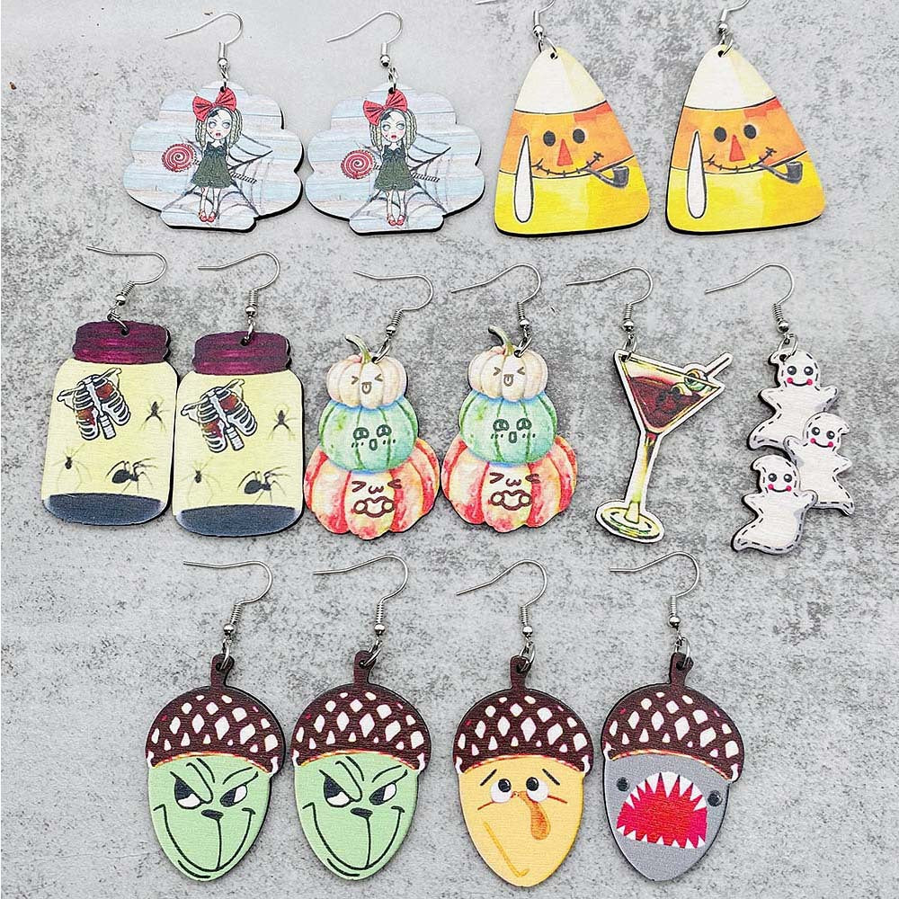 Wholesale  Halloween wooden earrings  pumpkin pine cone print  earrings