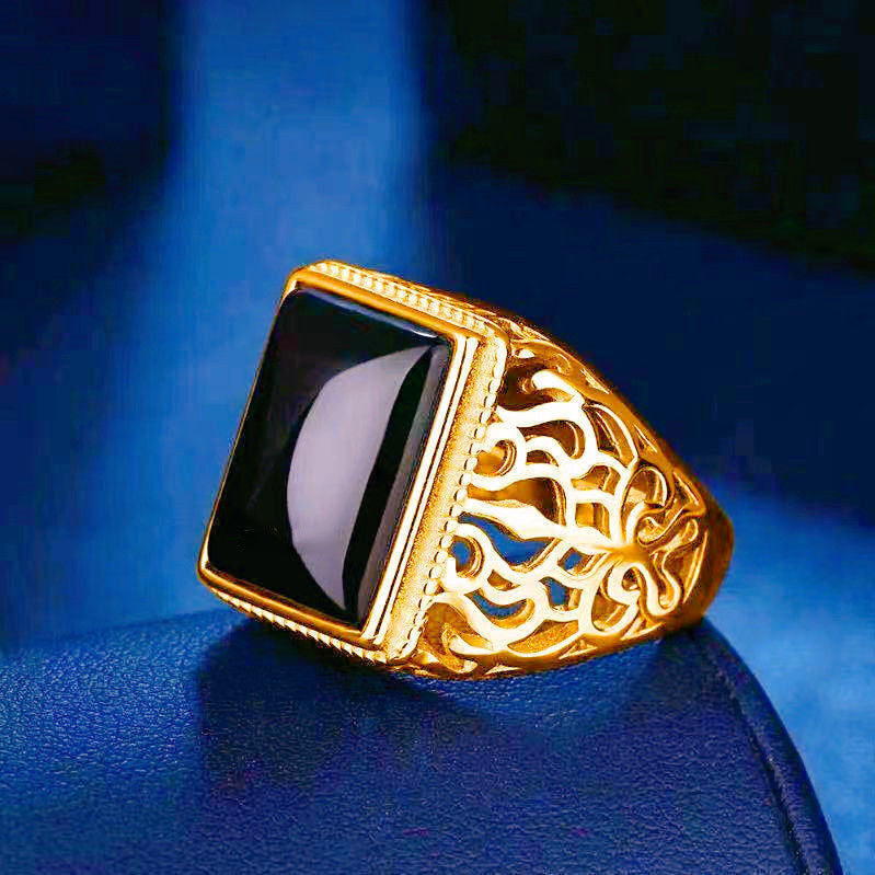 Wholesale Stylish Unisex Imitation Agate Rectangular Gemstone Ring Gold Green Contion Design Fashion Jewelry for Everyday Wear
