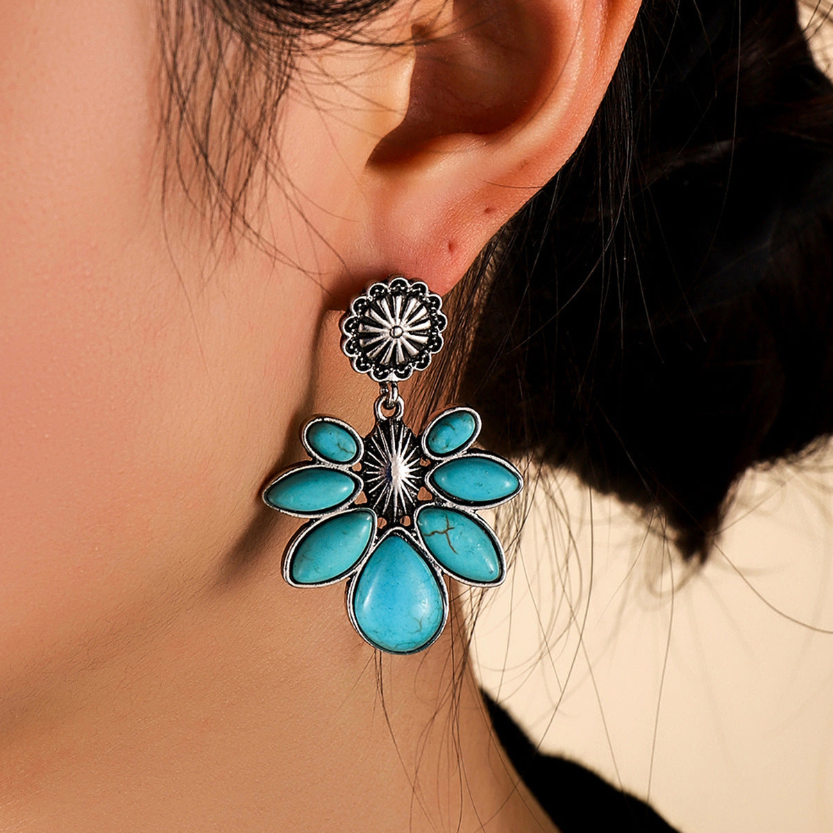 Wholesale Bohemian flower water drop turquoise earrings