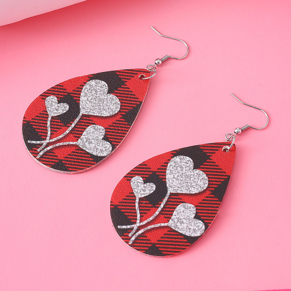 Wholesale Valentine's Day Plaid Love Water Drop Leather Double Sided Earrings