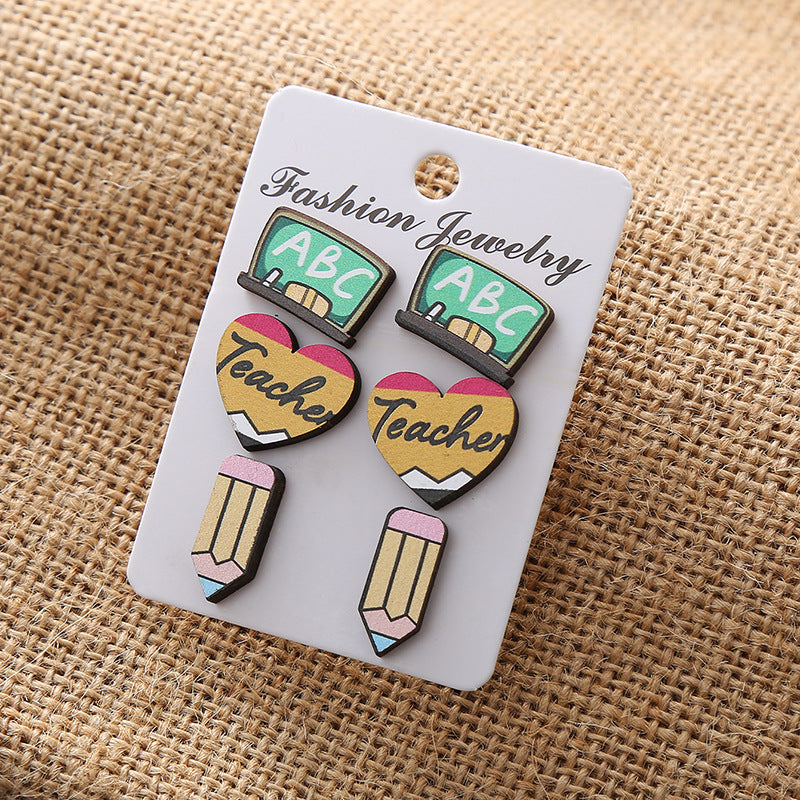 Wholesale Pencil Love ABC Blackboard Wooden Earring Set ACC-ES-XA002