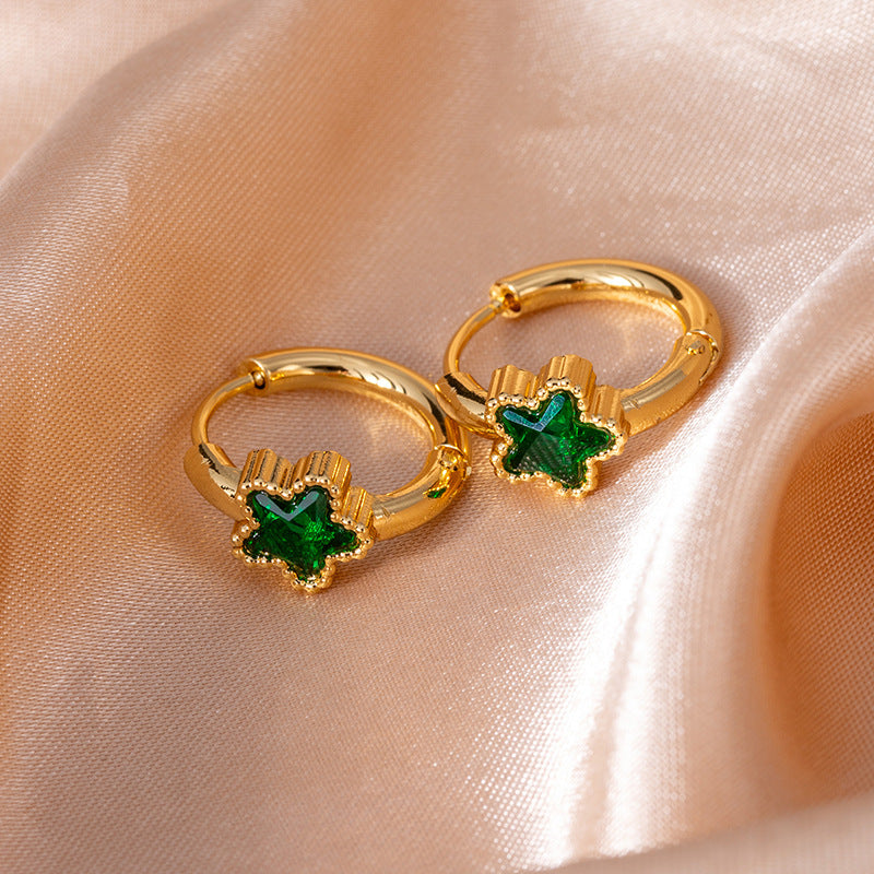 Wholesale Titanium Steel Star Earrings with Emerald and Crystal Zircon - Retro Design for Everyday Wear Jewelry Accessory