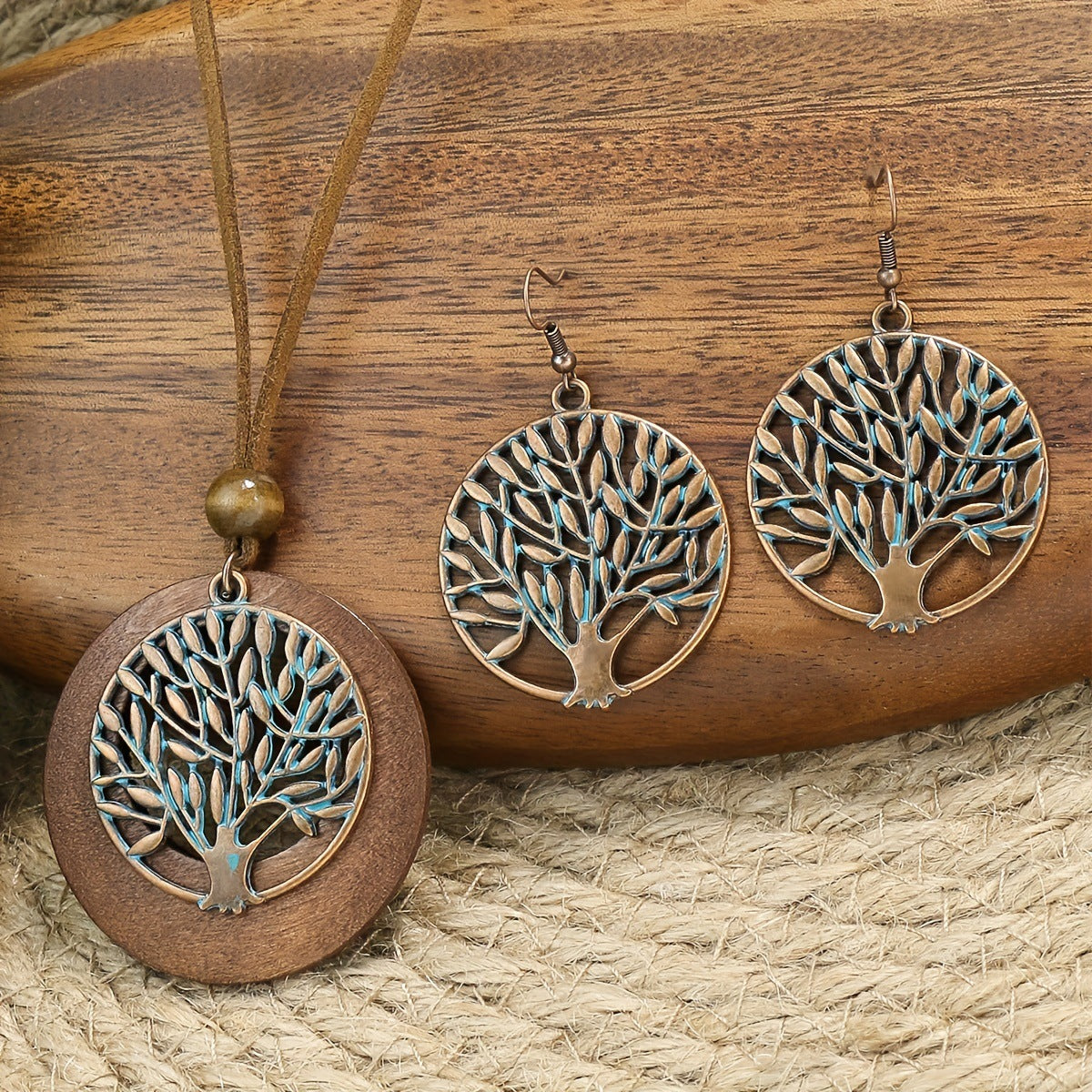 Wholesale Alloy Electroplated Bohemian Geometric Hollow Life Tree Earrings and Necklace Set for Everyday Chic Jewelry