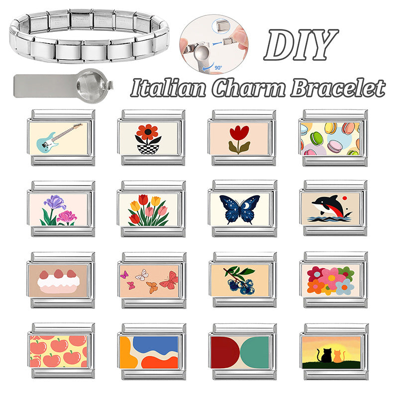 Wholesale DIY Creative Patchwork Floral Butterfly Guitar Modular Bracelet Stainless Steel Jewelry Accessory