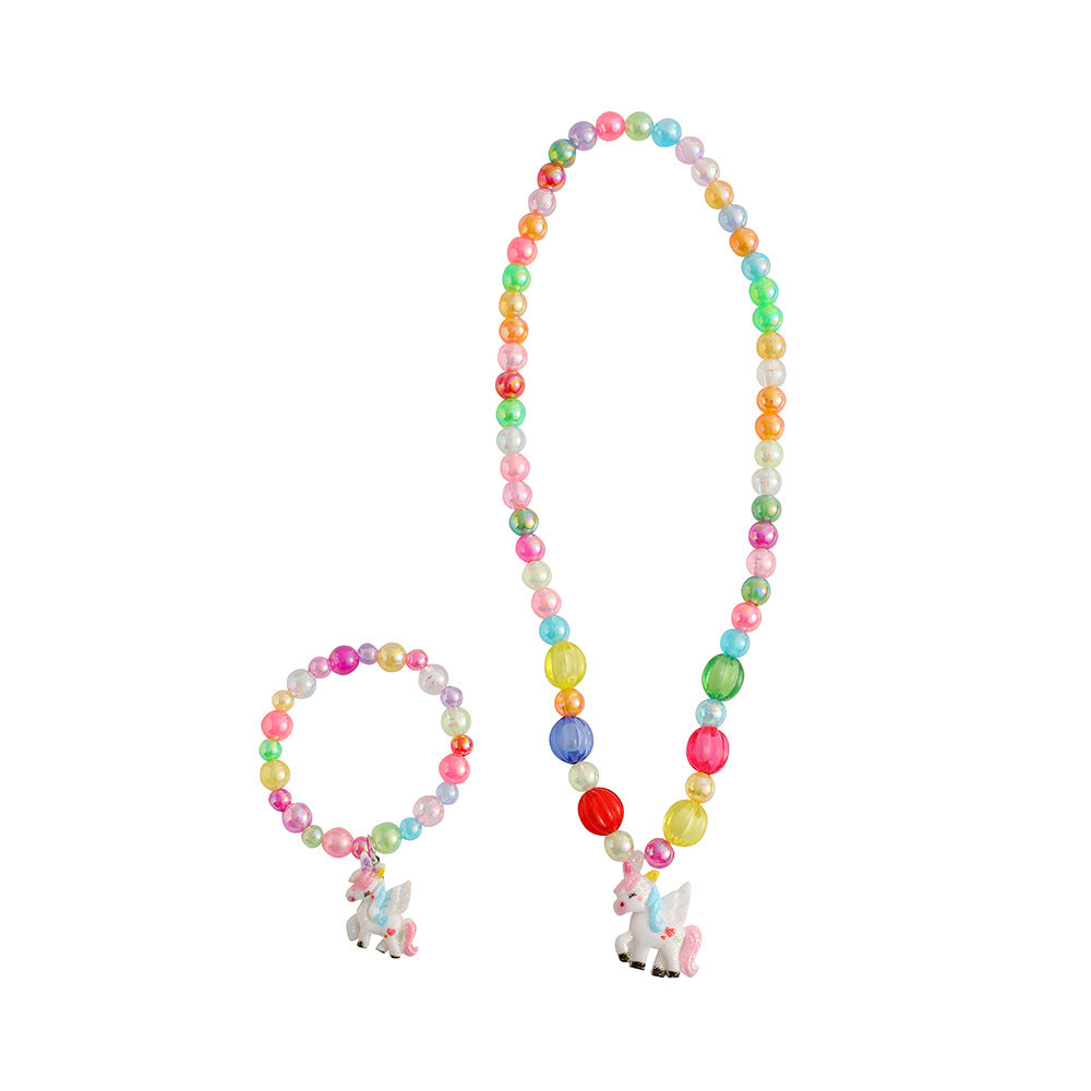 Wholesale Cartoon Unicorn Girl Jewelry Set Color Beaded Bracelet Necklace