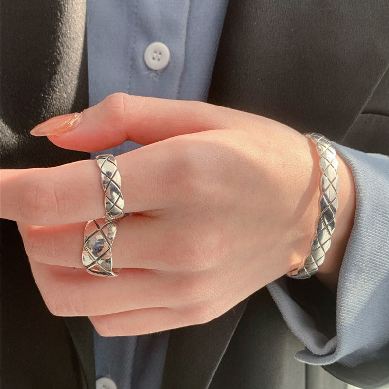 Wholesale S925 sterling silver thick and thin diamond Plaid open ring