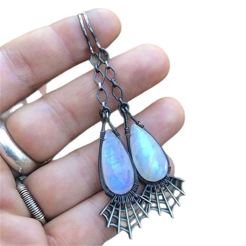 Wholesale  creative spider web shape inlaid long water drop moonstone earrings
