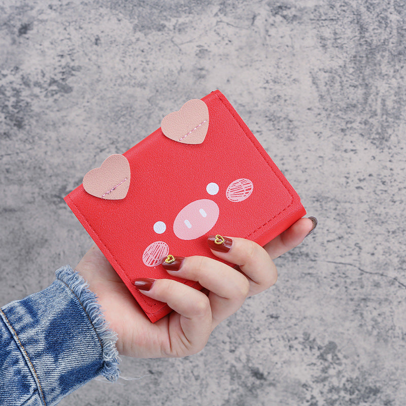 Wholesale PU Leather Cartoon Pig Print Tri Fold Wallet For Women Students Casual Daily Use