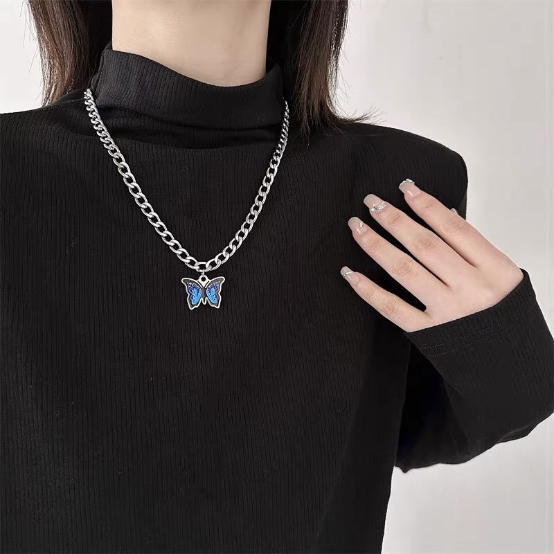 Wholesale Titanium Steel Blue Flame Butterfly Pendant Necklace Fashion Jewelry Accessory for Women