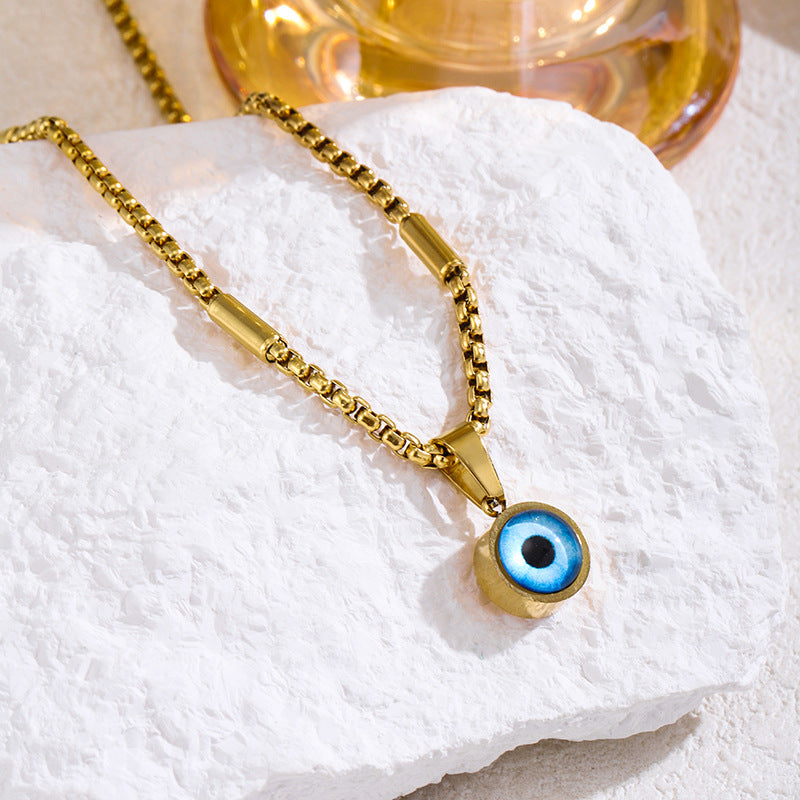 Wholesale European Style Blue Evil Eye Round Pendant Necklace,  Titanium Steel Electroplated Jewelry Accessory for Gift or Resale