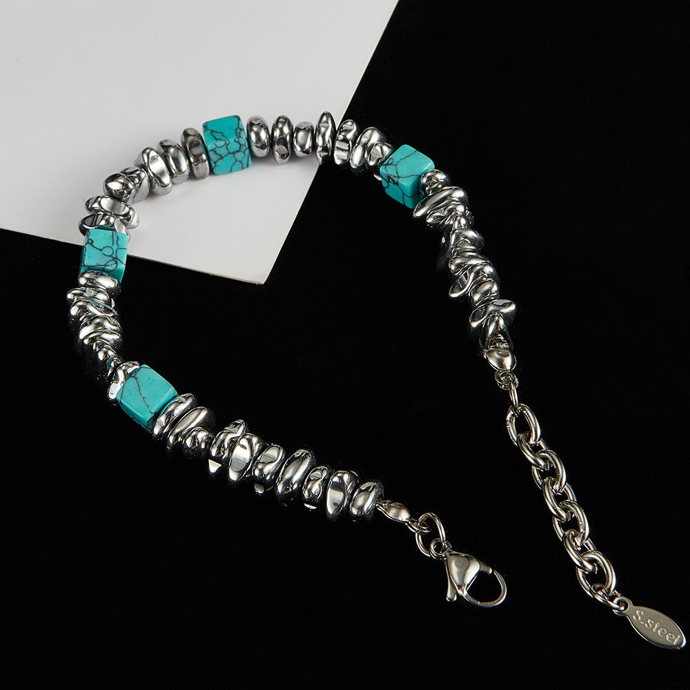 Wholesale stainless steel personality design blue turquoise black stone bracelet