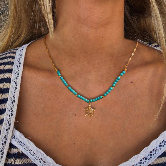 Wholesale Retro Beach Style Turtle Pendant  Turquoise Beaded Necklace
