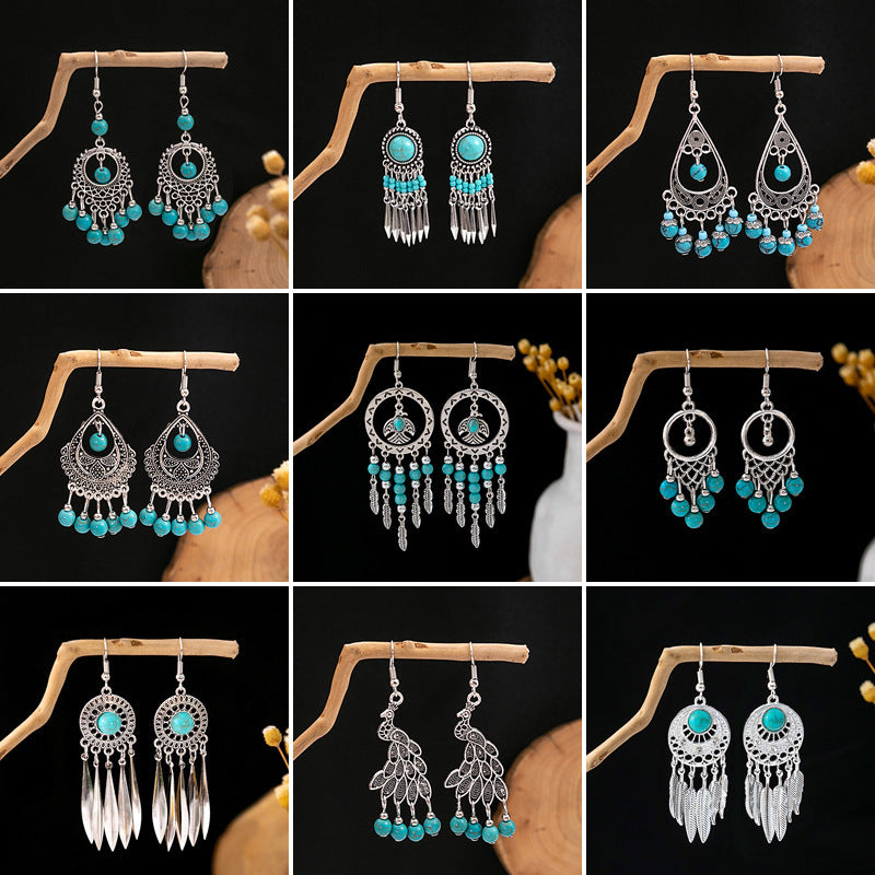 Wholesale Retro Ethnic Style Blue Turquoise Hollow Ring Flower Tassel Earrings Jewelry Accessory